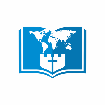 Church logo. Christian symbols. Open bible, world map and cross.のイラスト素材