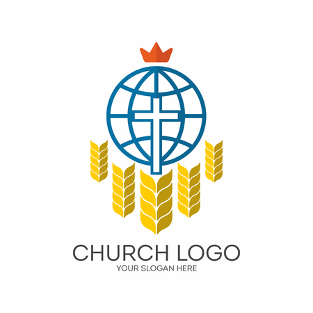 Church logo. Christian symbols. Cross, The Globe and ripe wheat.のイラスト素材