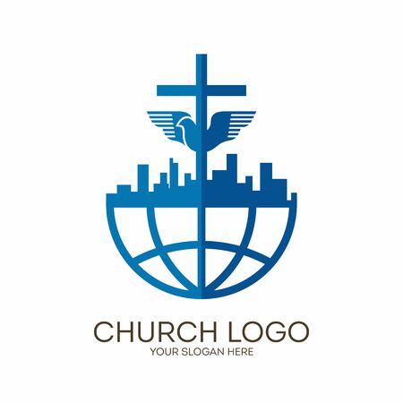 Church logo. Christian symbols. City, Globe, Jesus' cross and dove - the Holy Spirit.のイラスト素材