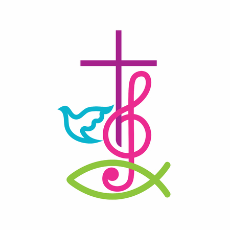 Church logo. Christian symbols. The cross of Jesus Christ and treble clef as a symbol of praise and worship to God.のイラスト素材