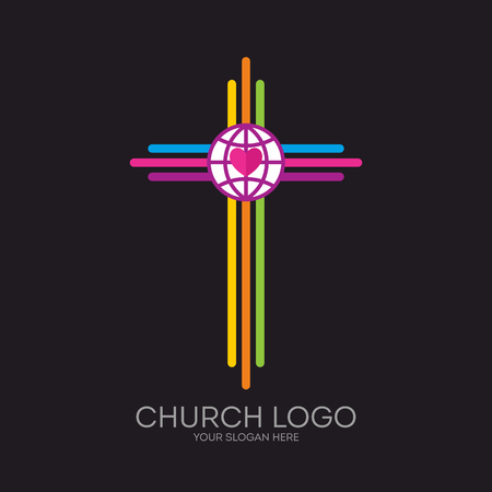 Church logo. Christian symbols. The cross of Jesus, multicolored stripes, globe and heart.のイラスト素材