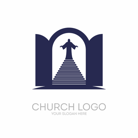 Church logo. Christian symbols. Open the door and the staircase leading to the Lord and Savior Jesus Christ.のイラスト素材