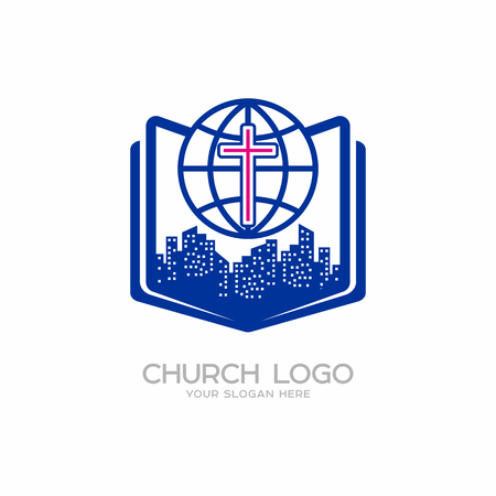 Church logo. Christian symbols. Cross of the Lord and Savior Jesus Christ, city, globe, bible.のイラスト素材