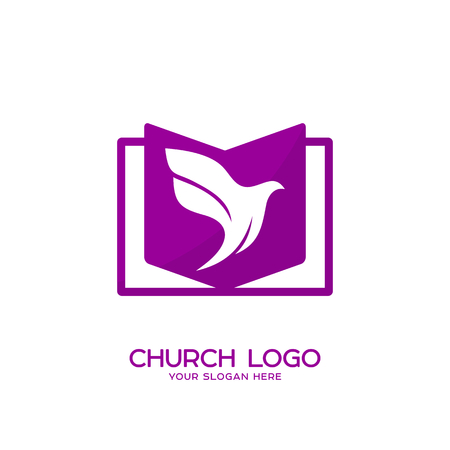 Church logo. Christian symbols. The open bible and pigeonのイラスト素材