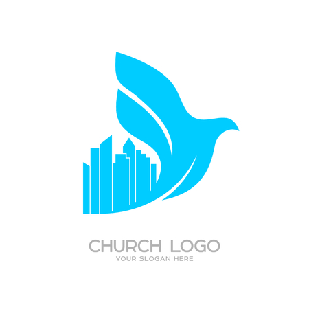 Church logo. Christian symbols. Pigeon over the cityのイラスト素材