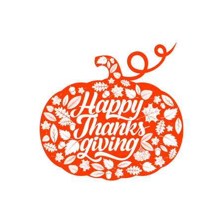 Typography of Thanksgiving. Beautifully decorated holiday text with autumn elements.のイラスト素材