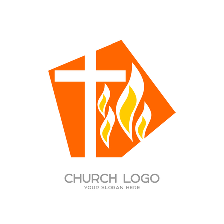 Church logo. Christian symbols. The cross of Jesus and the flame of the Holy Spiritのイラスト素材