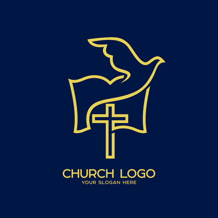 Church logo. Christian symbols. Pigeon, cross and bibleのイラスト素材