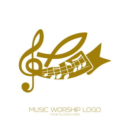 Music logo. Christian symbols. Notes, a treble clef and a fish - a symbol of Jesusのイラスト素材