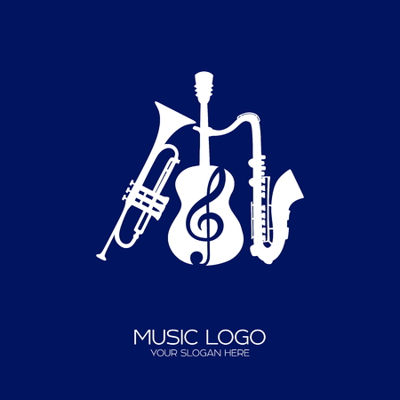 Musical icon. Guitar intertwined with a treble clef, trumpet and saxophone.のイラスト素材