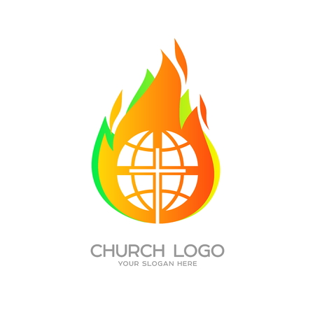 Church logo. Christian symbols. Globe, the cross of Jesus Christ on the background of the flame of the Holy Spiritのイラスト素材