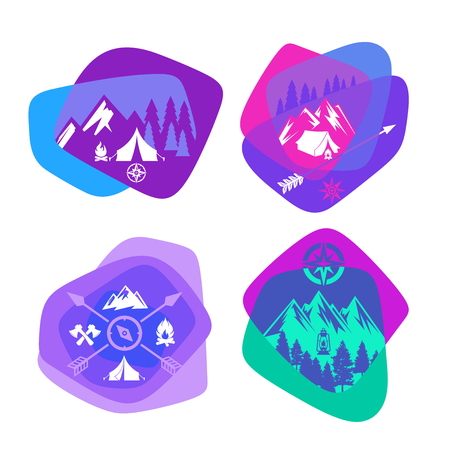 Set of bright colored logos for camping and outdoor recreationのイラスト素材