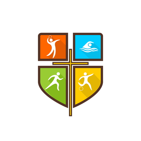 Athletic Christian logo. Various kinds of sports on a multi-colored shield. The cross of Jesus Christ.のイラスト素材