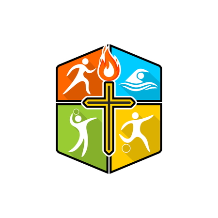Athletic Christian logo. Various kinds of sports on a multi-colored shield. The cross of Jesus Christ, the flame of the Holy Spirit.のイラスト素材