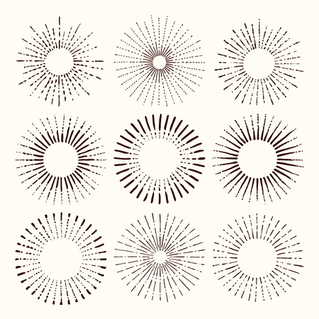 Set and collection of trendy hand drawn retro sunburst / bursting rays design elements.のイラスト素材