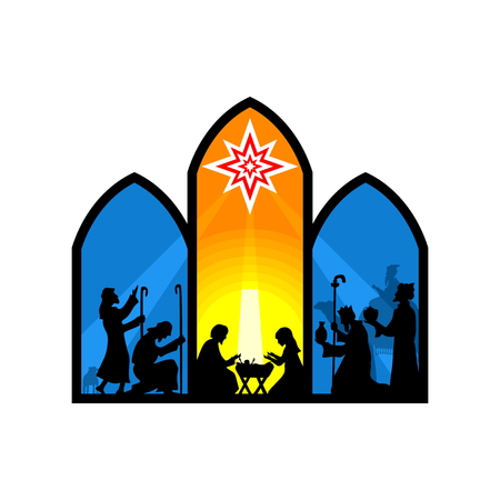 Biblical illustration. Christmas story. Mary and Joseph with the baby Jesus. Nativity scene near the city of Bethlehem. The shepherds and the wise men came to worship the Christ.のイラスト素材