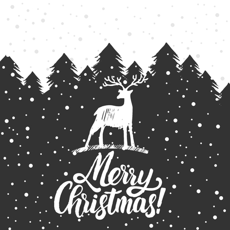 Christmas greeting card. Christmas trees covered with snow, deer, lettering Merry Christmas.のイラスト素材