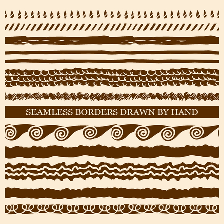 Vector set of hand drawn seamless borders with ink. Freehand textures for fabric, polygraphy, web design.のイラスト素材