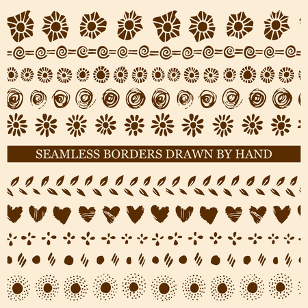 Vector set of hand drawn seamless borders with ink. Freehand textures for fabric, polygraphy, web design.のイラスト素材