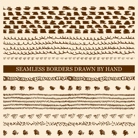 Vector set of hand drawn seamless borders with ink. Freehand textures for fabric, polygraphy, web design.のイラスト素材
