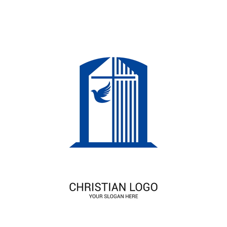 Christian church logo. Bible symbols. Cross of Jesus Christ on the background of buildings.のイラスト素材