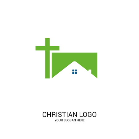 Christian church logo. Bible symbols. Cross of Jesus Christ on the background of the house.のイラスト素材