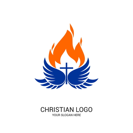 Christian church logo. Bible symbols. The Spirit of Jesus Christ, the wings of the spirit and the flame.のイラスト素材