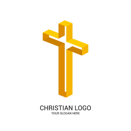 Christian church logo. Bible symbols. Cross of Jesus Christ, volumetric and turned in spaceのイラスト素材