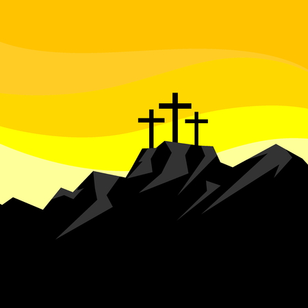 Easter illustration. Three crosses on Calvary.のイラスト素材