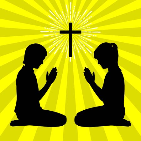 Silhouette of children turned to God with prayer and worshipのイラスト素材