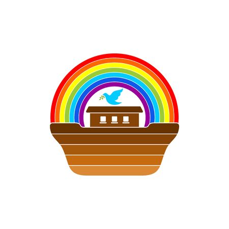 Logo of Noah's Ark. Rainbow - a symbol of the covenant. Dove with a branch of olive. Ship to rescue animals. Biblical illustration.のイラスト素材