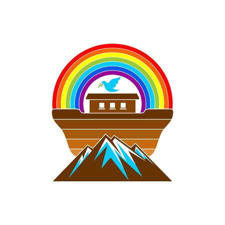 Logo of Noah's Ark. Rainbow - a symbol of the covenant. Dove with a branch of olive. Ship to rescue animals. Biblical illustration.のイラスト素材