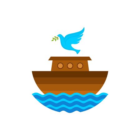 Logo of Noah's Ark. Dove with a branch of olive. Ship to rescue animals. Biblical illustration.のイラスト素材