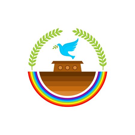 Logo of Noah's Ark. Rainbow - a symbol of the covenant. Dove with a branch of olive. Ship to rescue animals. Biblical illustration.のイラスト素材