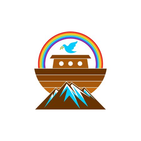 Logo of Noah's Ark. Rainbow - a symbol of the covenant. Dove with a branch of olive. Ship to rescue animals. Biblical illustration.のイラスト素材