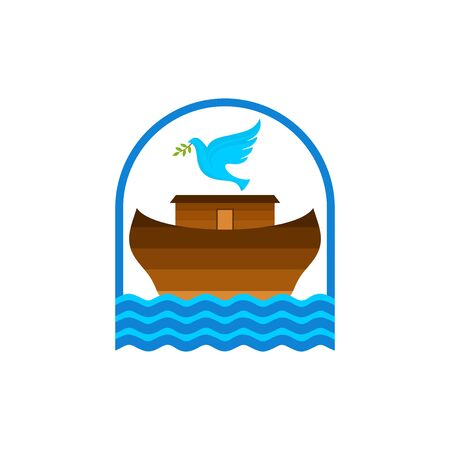 Logo of Noah's Ark. Dove with a branch of olive. Ship to rescue animals. Biblical illustration.のイラスト素材