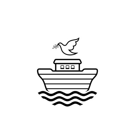 Logo of Noah's Ark. Dove with a branch of olive. Ship to rescue animals. Biblical illustration.のイラスト素材