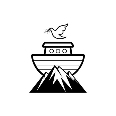 Noah's logo on top of the mountain. Dove with a branch of olive. Ship to rescue animals. Biblical illustration.のイラスト素材