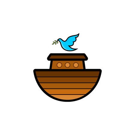 Logo of Noah's Ark. Dove with a branch of olive. Ship to rescue animals. Biblical illustration.のイラスト素材