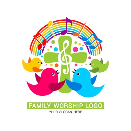 Worship logo. The family glorifies God, sings to Him glory and praise.のイラスト素材