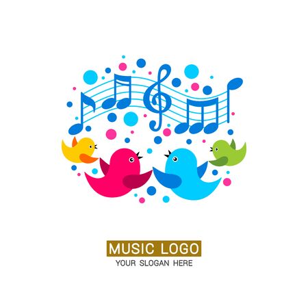 Music logo. Birds sing into a microphone, musical notes around.のイラスト素材