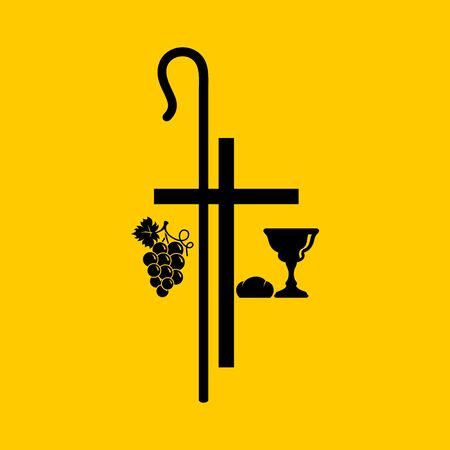 Christian symbols. Communion bowl with wine, bread and shepherd's staff.のイラスト素材