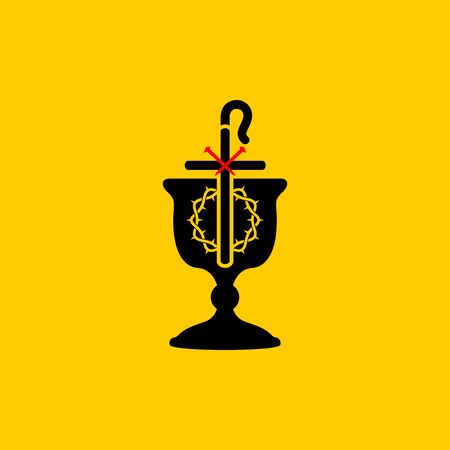 Christian symbols. Communion bowl with wine, crown of thorns and shepherd's staff.のイラスト素材