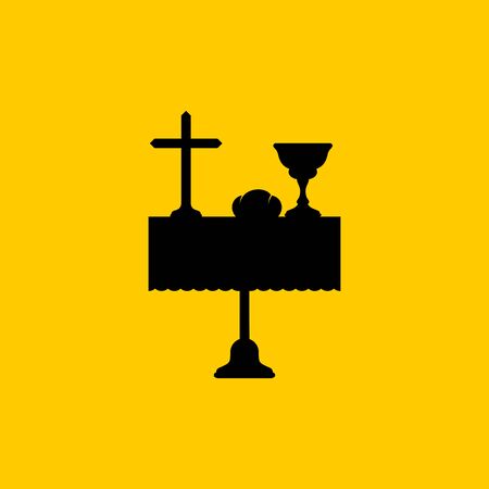 Christian symbols. A table with biblical symbols of the commandment of the sacrament - a cup of wine, bread and the cross of Jesus Christ.のイラスト素材