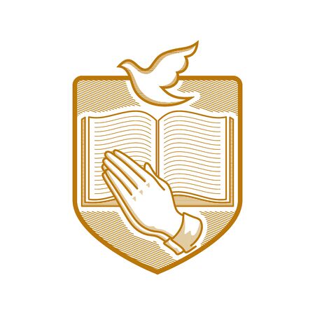 Church logo. Christian symbols. Praying hands on open bible background.のイラスト素材