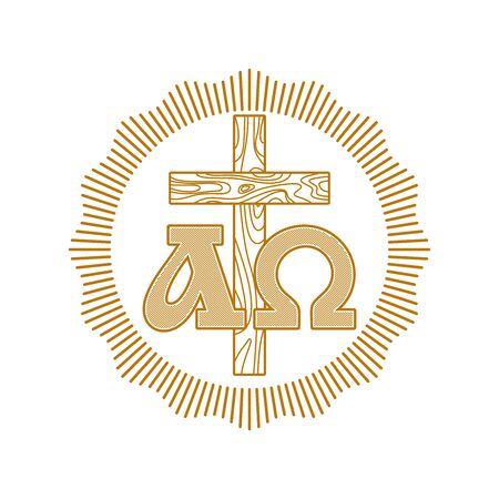 Church logo. Christian symbols. Cross of Christ, alpha and omega.のイラスト素材