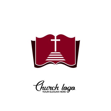 Church logo. Christian symbols. Steps leading to the crucifix on the background of an open bible.のイラスト素材