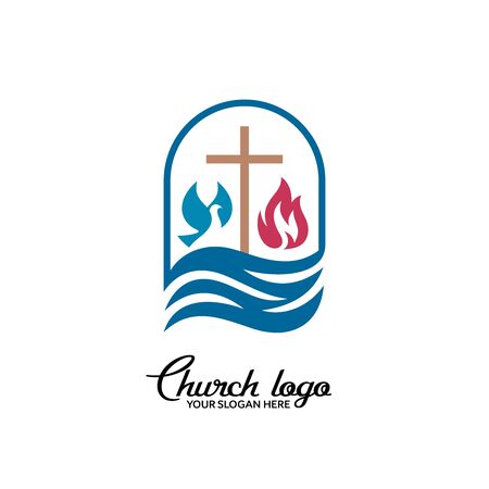 Church logo. Christian symbols. The cross of Jesus Christ, dove and flame are streams of living water.のイラスト素材