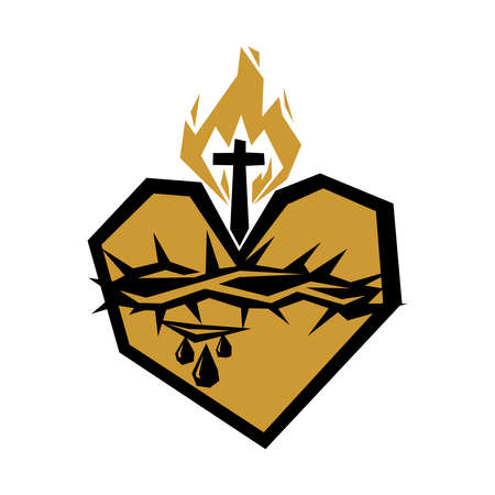 Sacred Heart of Jesus Christ, Lord and Savior of the world. Cross in the flame of the Holy Spirit, crown of thorns and holy blood.のイラスト素材