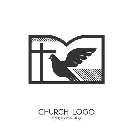 Church logo. Christian symbols. The cross of Jesus Christ, the Bible and the Symbol of the Holy Spirit - a dove.のイラスト素材